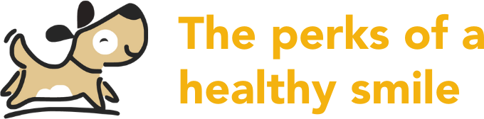 Icon w/cute dog and text: The perks of a healthy smile