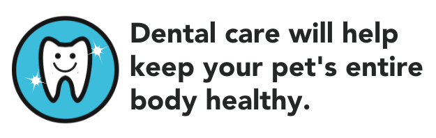 Icon w/sad tooth and text: Dental care will help keep your pet's entire body healthy.