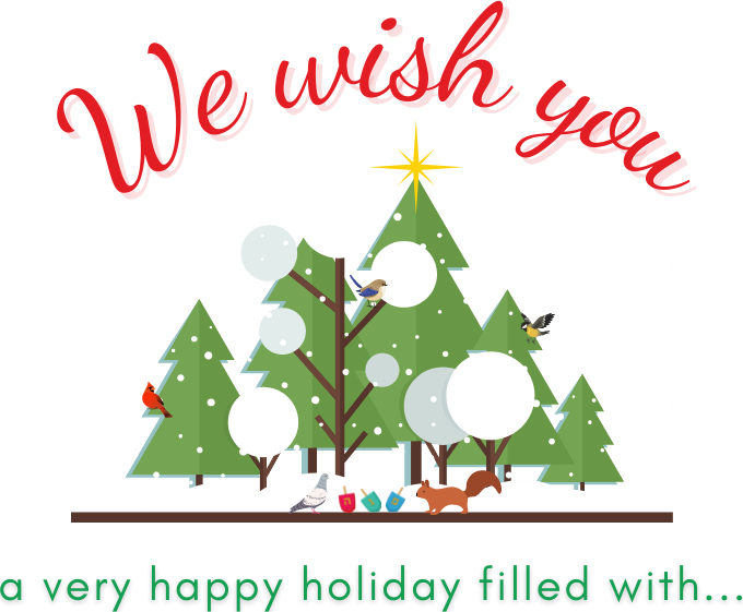 Image: Cartoon forest of snowy Christmas trees, birds, squirrel and dove playing with dreidls. Text: We wish you a very happy holiday filled with...