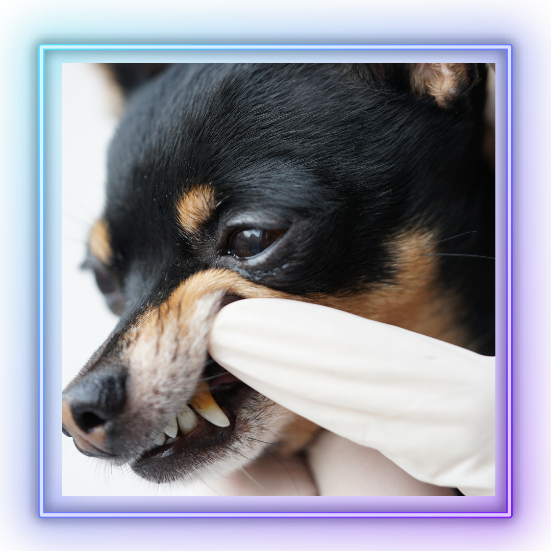 Veterinarian examining small dog's mouth, tartar visible on tooth.